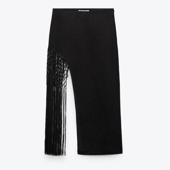 Zara Black FRINGED LINEN SKIRT Size Large - Picture 11 of 13